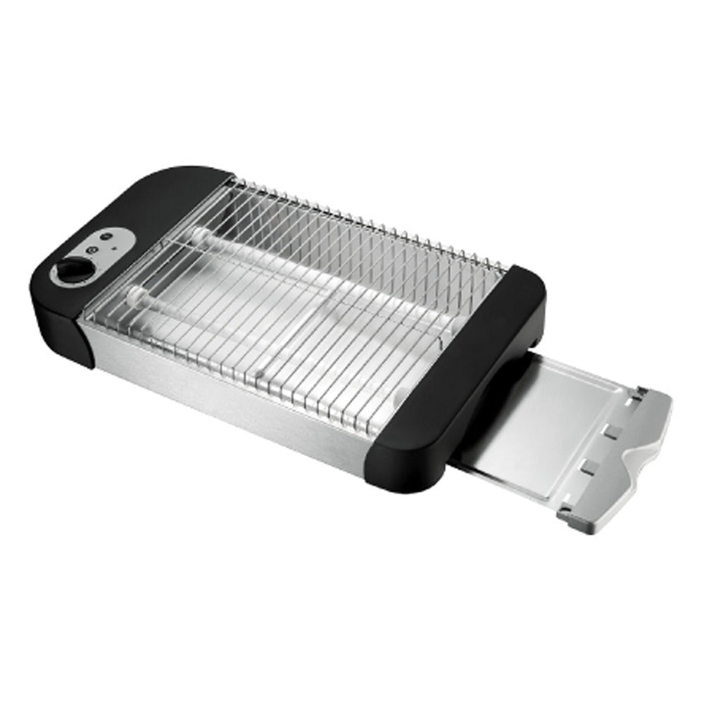 Tostadora Eléctrica Plana de Pan de 600W y Bandeja Recogemigas, Selección de Nivel de Tostado, Luz Indicadora de Encendido, Apto para todo tipo de Pan, 2 Barras Calentadoras de Cuarzo, Grill de Acero Inoxidable, Potencia de 600W, 220-240V, 50/60Hz