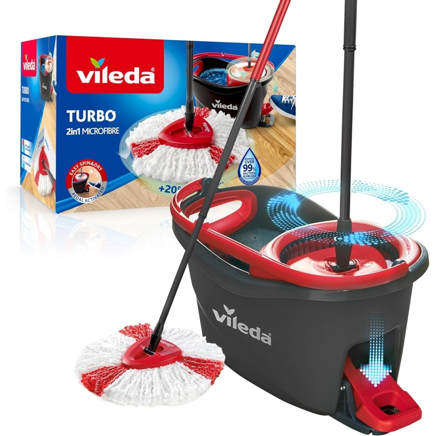 Vileda Set Fregona y Cubo de Limpieza con Pedal y Escurrefácil Giratorio, Fregona con Mango Extra Largo, Cabezal Triangular de Microfibra ideal Para los Rincones