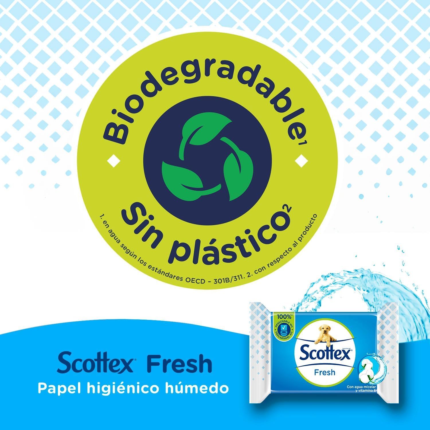 Scottex Toallitas Húmedas Desechables por el WC, Papel Higiénico Húmedo Fresh con Agua Micelar y Vitamina E, Biodegradable y Sin Plástico