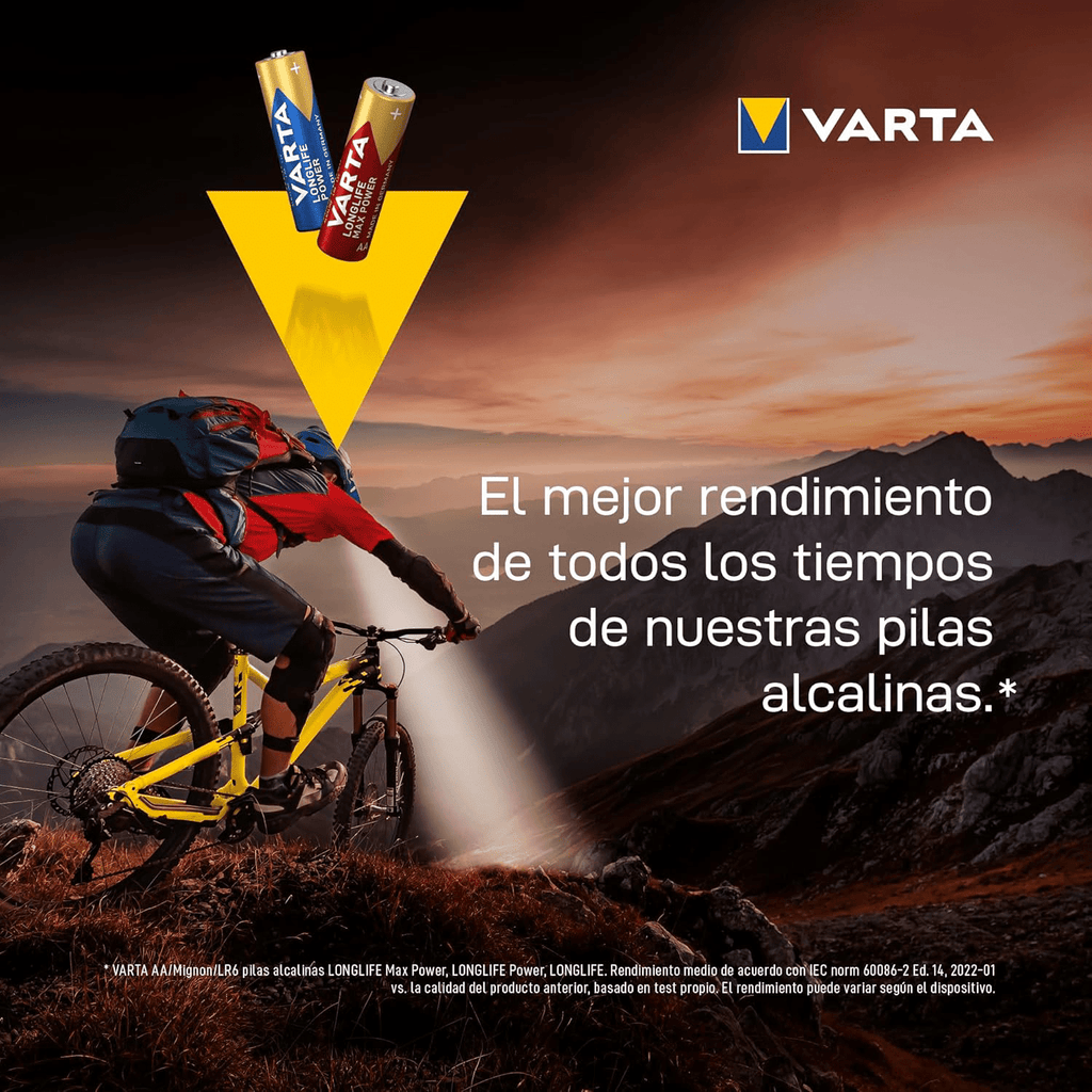 Pilas AA Alcalinas de Alto Rendimiento, VARTA Longlife Power, Ultra Larga Duración, Energía Continua, Ideal para Controles Remotos, Juguetes Electrónicos, Linternas, Lámparas, Relojes, Cámaras y Otros Dispositivos de Uso Diario - VARTA