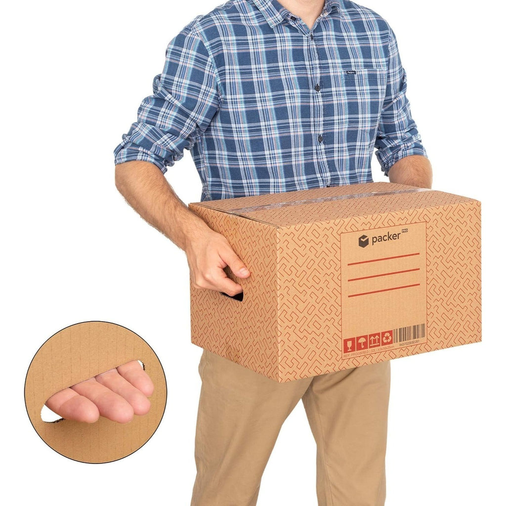 packer PRO Caja Cartón para Mudanzas y Almacenaje Ultra Resistentes con Asas, Fabricadas en Cartón Duro, Ideal para Mudanzas o Almacenaje de Libros y Ropa, Transporte Cómodo y Seguro gracias a las Asas Laterales