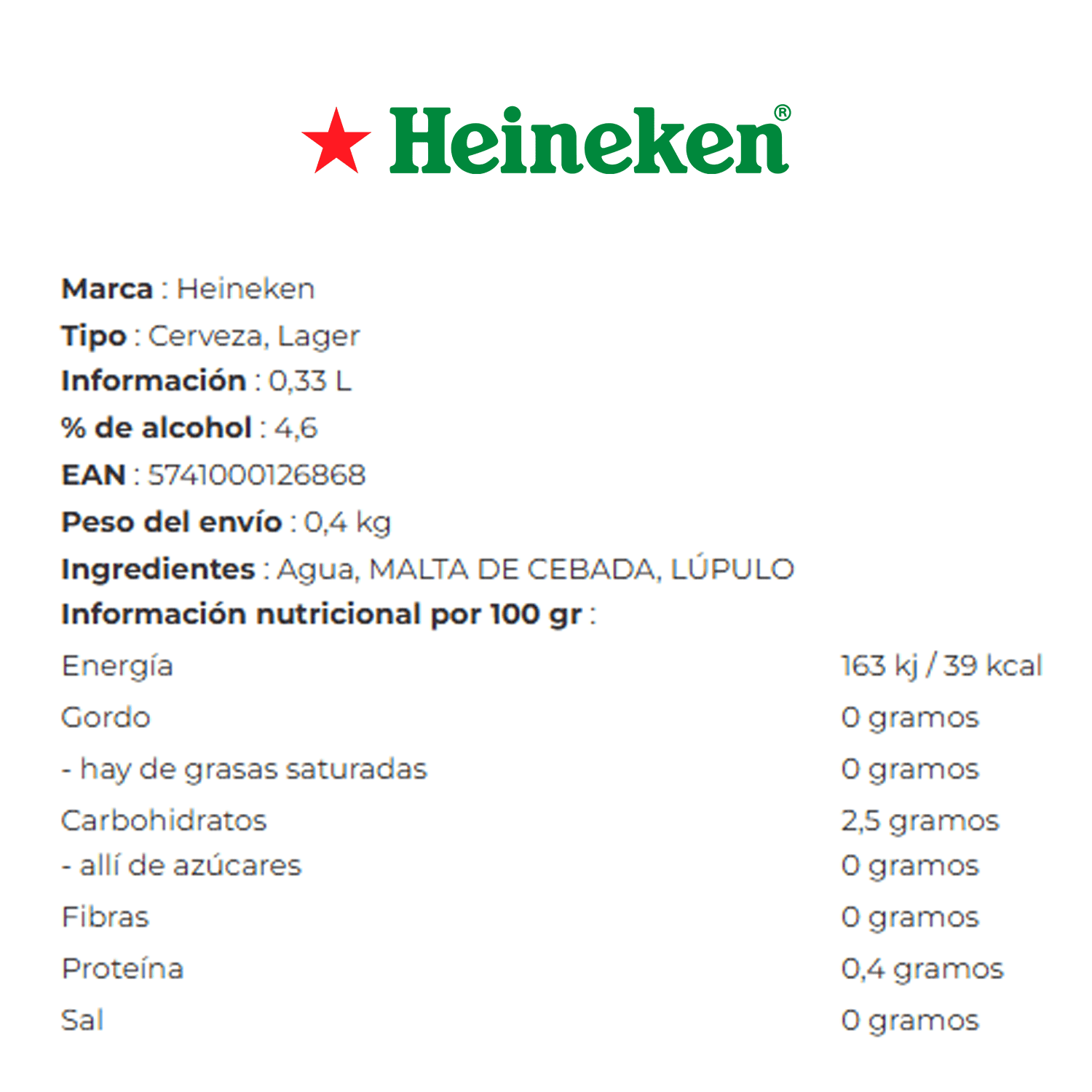 Heineken Cerveza Lager, Cerveza 24 Latas de 330ml