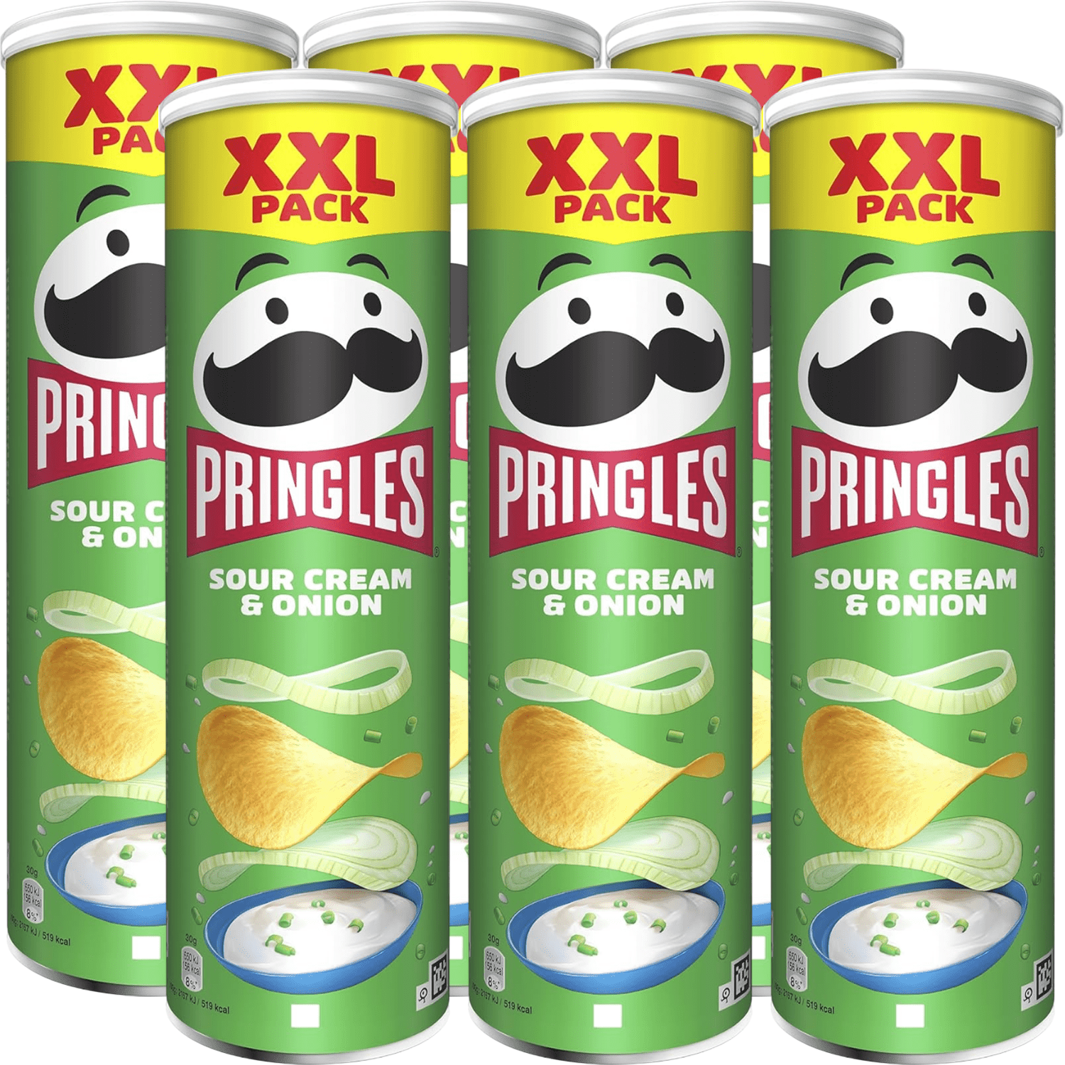 Pringles Sour Cream & Onion, Snack de Patatas Fritas sabor Crema Agria y Cebolla, Tamaño XXL de 185g, Pack de 6 Unidades