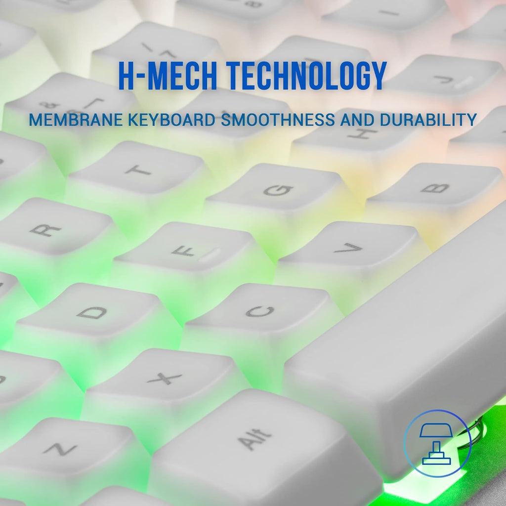 Mars Gaming MK220, Teclado Gaming Híbrido H-Mech, Iluminación FRGB Rainbow + Halo, Panel de Aluminio, Anti-Ghosting, USB Plug & Play, PC PS5 Xbox Switch, Idioma Francés, Blanco
