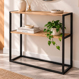 Consola de Diseño Industrial de 2 Estantes, Mesa Auxiliar para Entrada, Salón y Recibidor, Diseño Funcional con Espacio de Almacenamiento y Acabado Madera, 90 x 34 x 90 cm