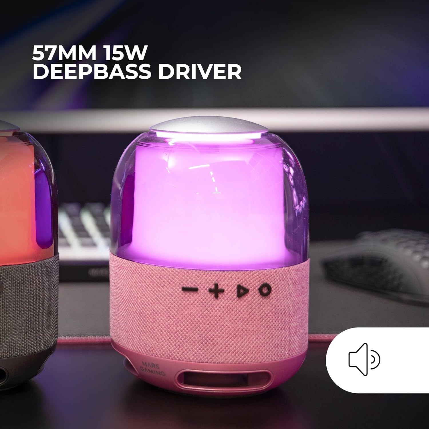 Mars Gaming MS-Flow, Altavoz Portátil Bluetooth 15W, Iluminación Orbilight RGB 360°, Sonido Potente con Driver DeepBass 57mm, Altavoz Gaming Compacto con Bluetooth 5.3 y MicroSD, Rosa