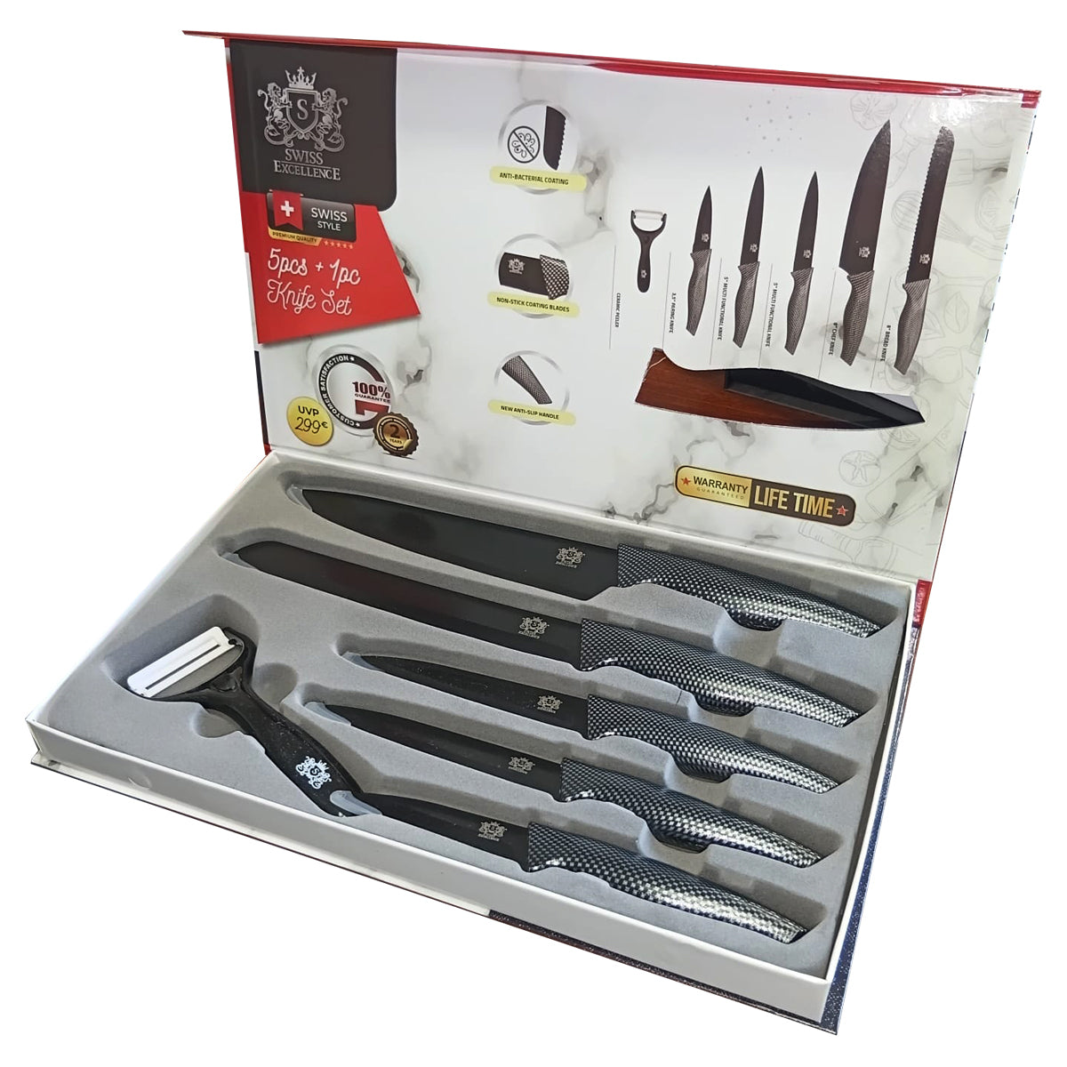 Juego de 6 Cuchillos de Cocina Profesionales, Cuchillos de Acero Inoxidable con Revestimiento y Filo de Alta Precisión, Excelente Durabilidad, Mango Ergonómico, Fácil de Limpiar, Ideal como Regalo, Incluye 5 Cuchillos y 1 Pelador