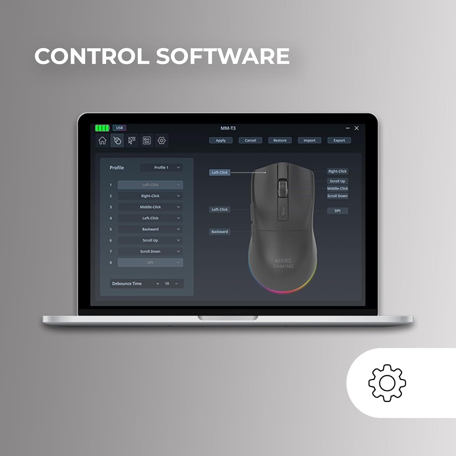 Mars Gaming MM-T3, Ratón Inalámbrico Ligero, Bluetooth 5.0 + 2.4GHz + Cable, Sensor Óptico PIXART PAW3104PRO 14400 dpi, Base de Carga Magnética RGB, Switches Huano, Software de Control, Blanco
