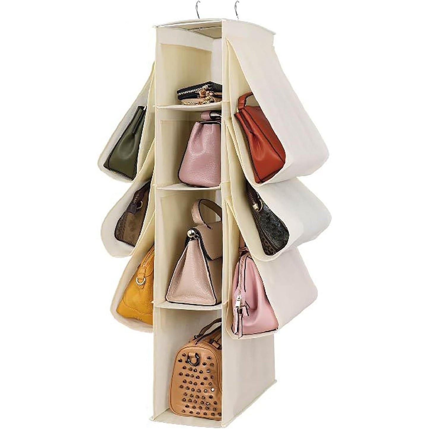 Organizador Armario Ropa, Organizador Bolsos de 18 x 36 x 80 cm, 2 Enganches Metálicos para Colgar, Compartimentos de Gran Capacidad, 4 Compartimentos Centrales, 6 Compartimentos Laterales