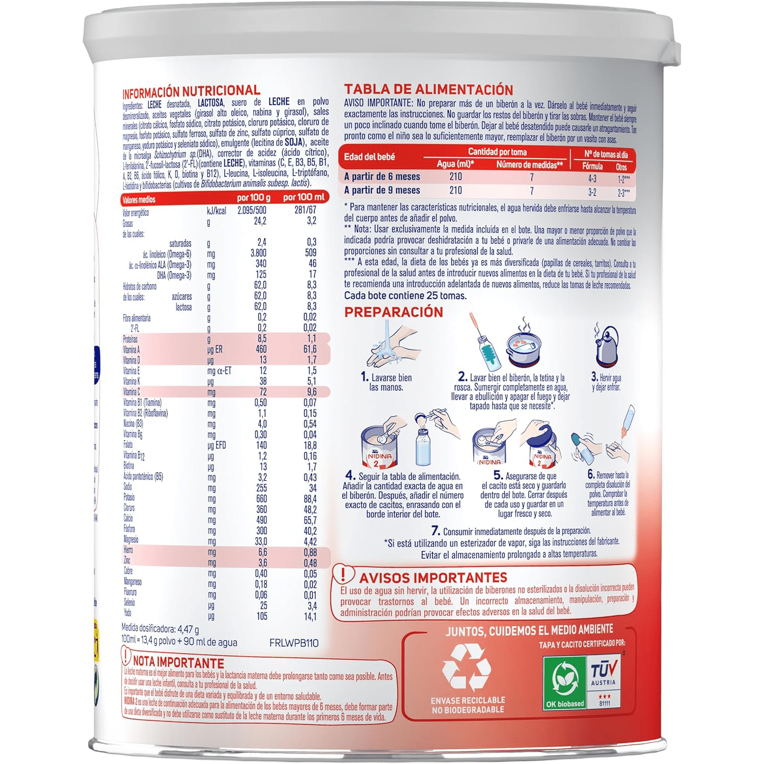Nestlé NIDINA 2 Leche en Polvo Bebé, Leche de Continuación indicada para Bebés desde los 6 Meses, Contiene Bífidus Lactis, DHA, Hierro, Zinc y Vitaminas A, C y D, 800g por Bote