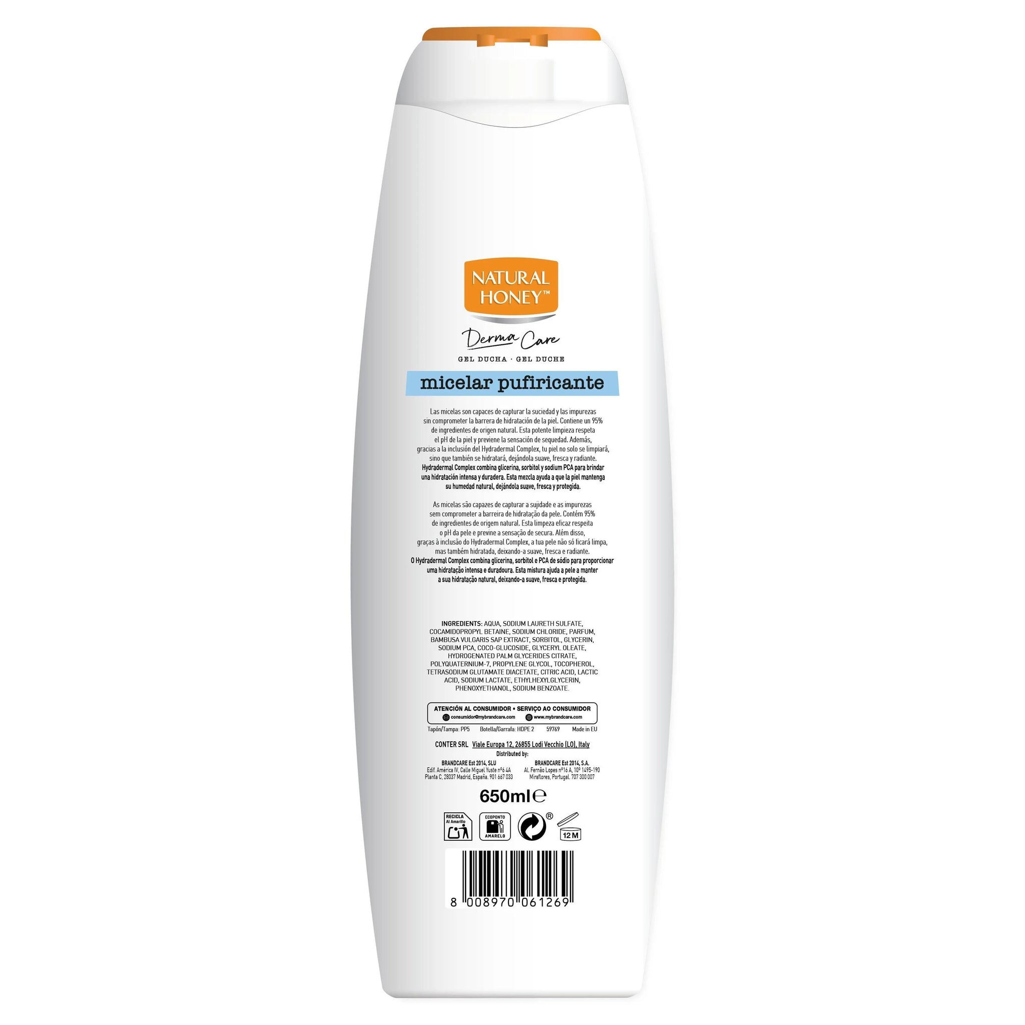 Natural Honey, Gel de Ducha Micelar Purificante con Extracto de Bambú, Hydradermal Complex y Micelas que Previenen la Sensación de Sequedad, Protege el pH Natural de la piel, Línea Derma Care, 650 ml