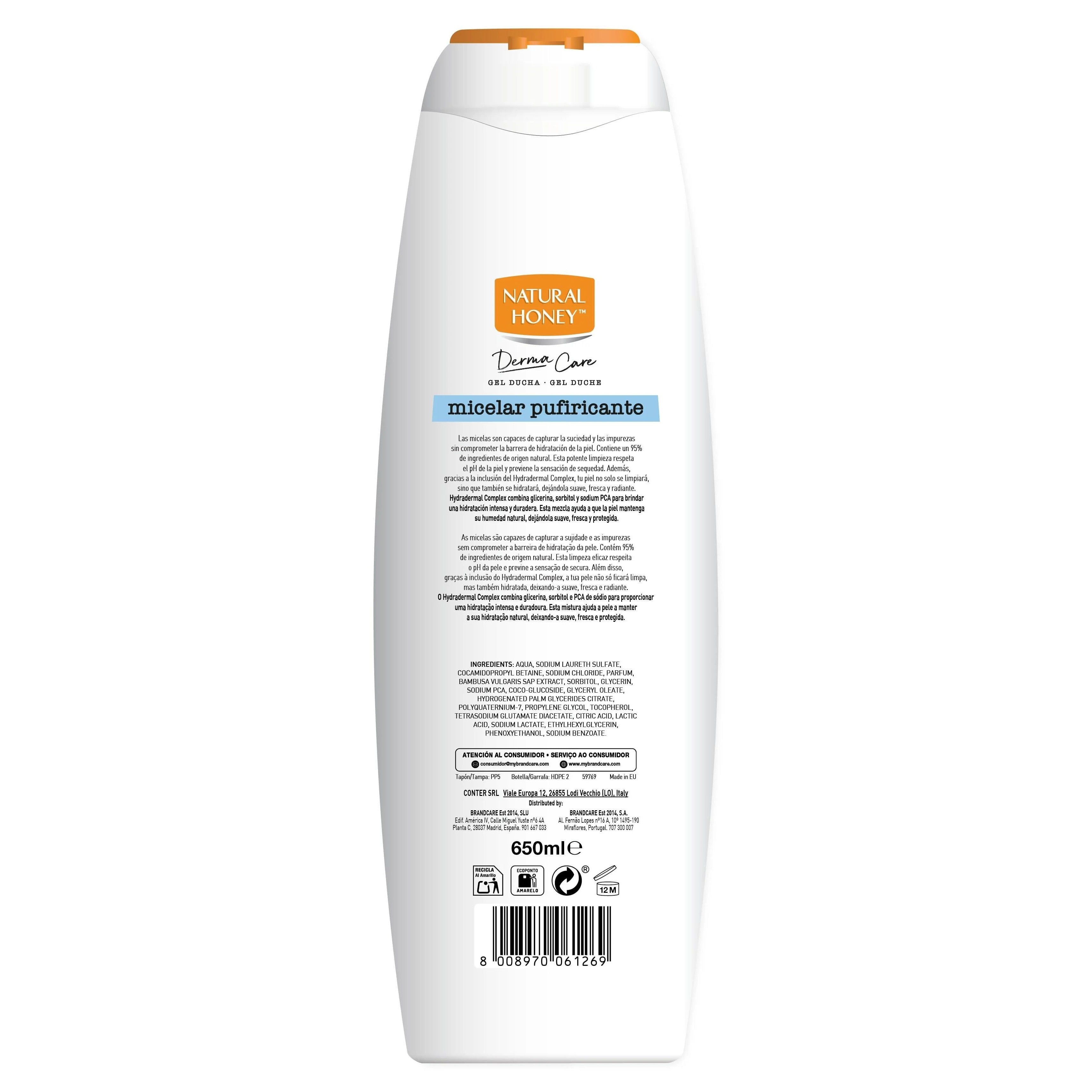 Natural Honey, Gel de Ducha Micelar Purificante con Extracto de Bambú, Hydradermal Complex y Micelas que Previenen la Sensación de Sequedad, Protege el pH Natural de la piel, Línea Derma Care, 650 ml