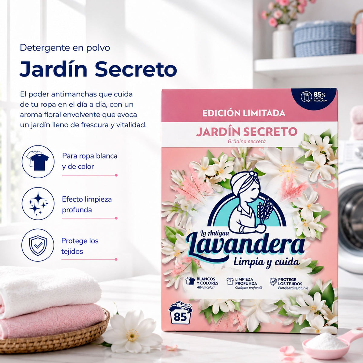 La Antigua Lavandera Detergente en Polvo para Ropa, Aroma Jardín Secreto, 85 Lavados