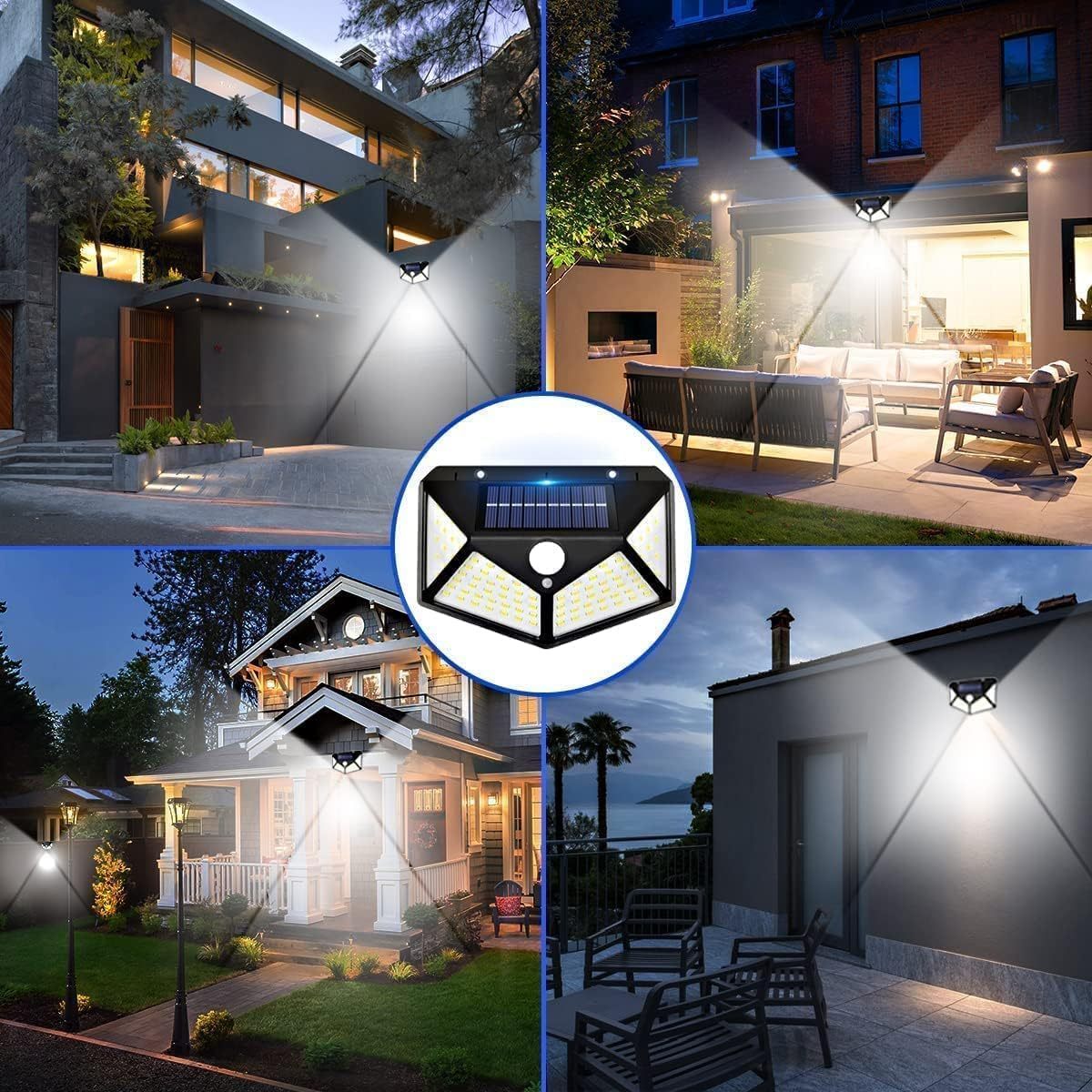 Luces Solares Exterior con Sensor de Movimiento, 100LEDS, 3 Modos de Iluminación, Impermeable, Resistente al Agua, Fácil Instalación, No Necesita Cableado, Luz Led con Sensor de Movimiento, ideal para Jardín, Pared, Porches y Balcones, 10.5 x 14.5 x 6 cm