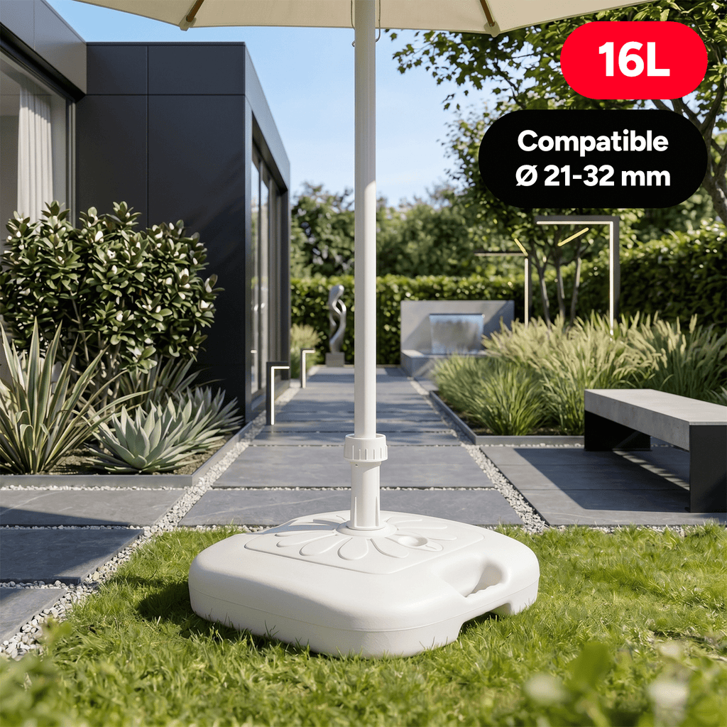 Base Sombrilla Resistente para Exterior, Rellenable con Agua o Arena, 16L de Capacidad, Compatible con parasoles de Jardín y Patio con un diámetro de 21-32 mm, Con Asa para Facilitar su Transporte, 45 x 45 x 26cm
