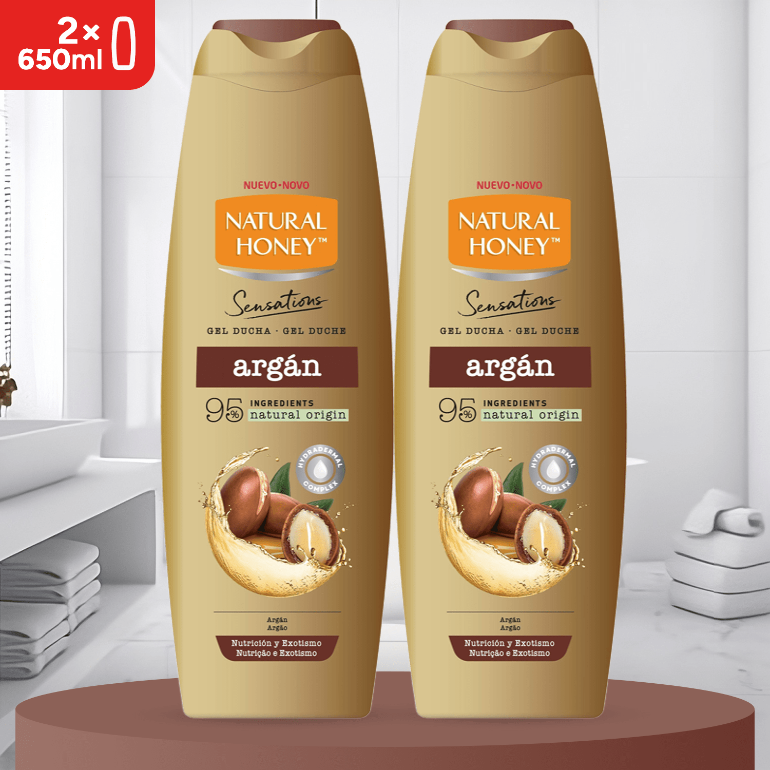 Natural Honey, Gel de Ducha Hidratante con Argán, Nutrición y Exotismo para una Piel Suave, Fresca y Protegida, Línea Derma Care, 650 ml