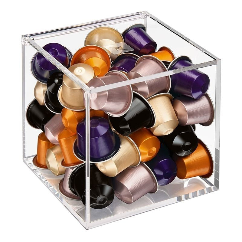 Caja de almacenamiento de cápsulas de café acrílica con tapa abatible, organizador transparente a prueba de polvo para cápsulas de café, compatible con uso doméstico y de oficina
