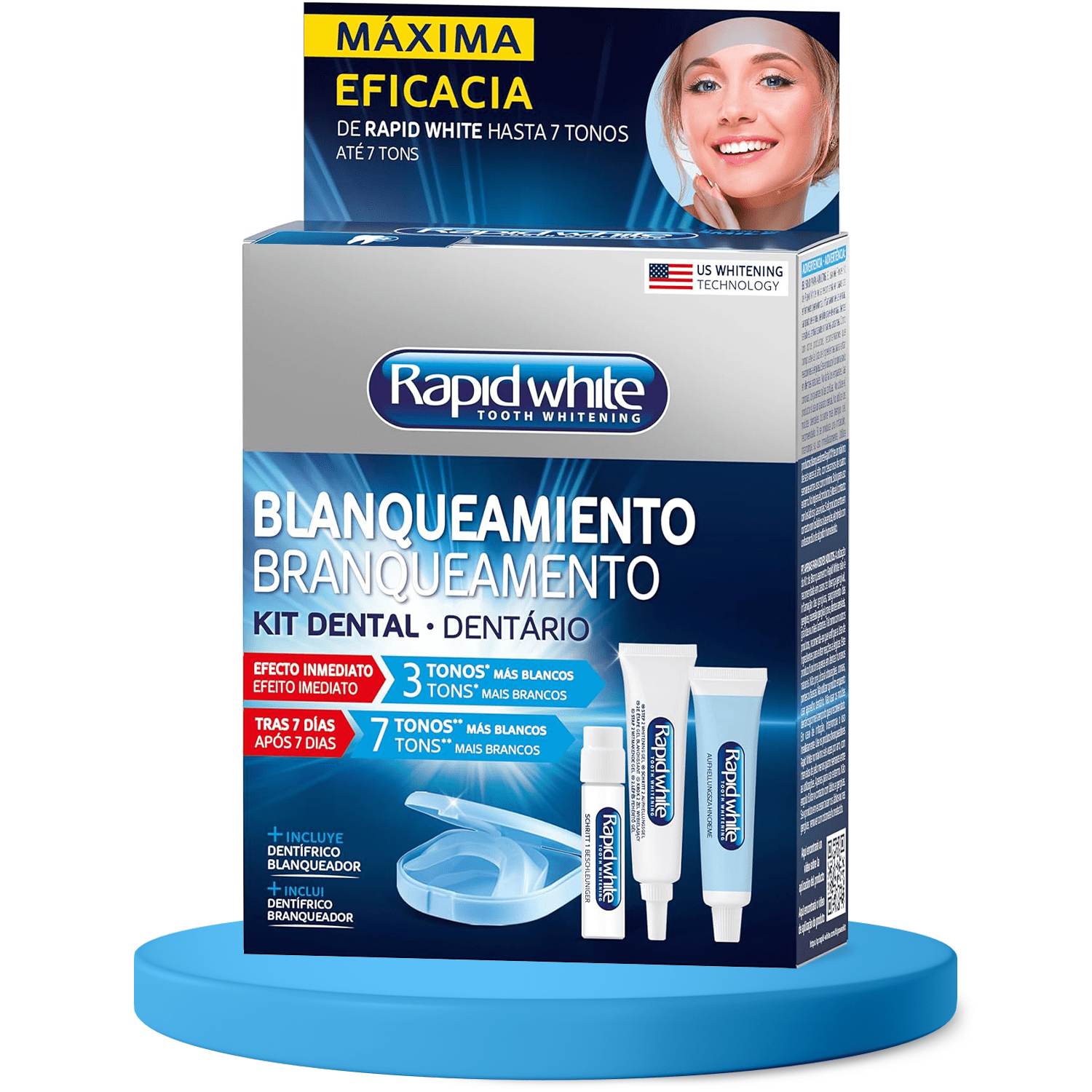 Kit, Tiras y Dentífricos Blanqueadores: Dientes hasta 7 Tonos Más Blancos, Protección Duradera, Limpia Eficazmente, Blanqueamiento Rápido en Casa - Rapid White