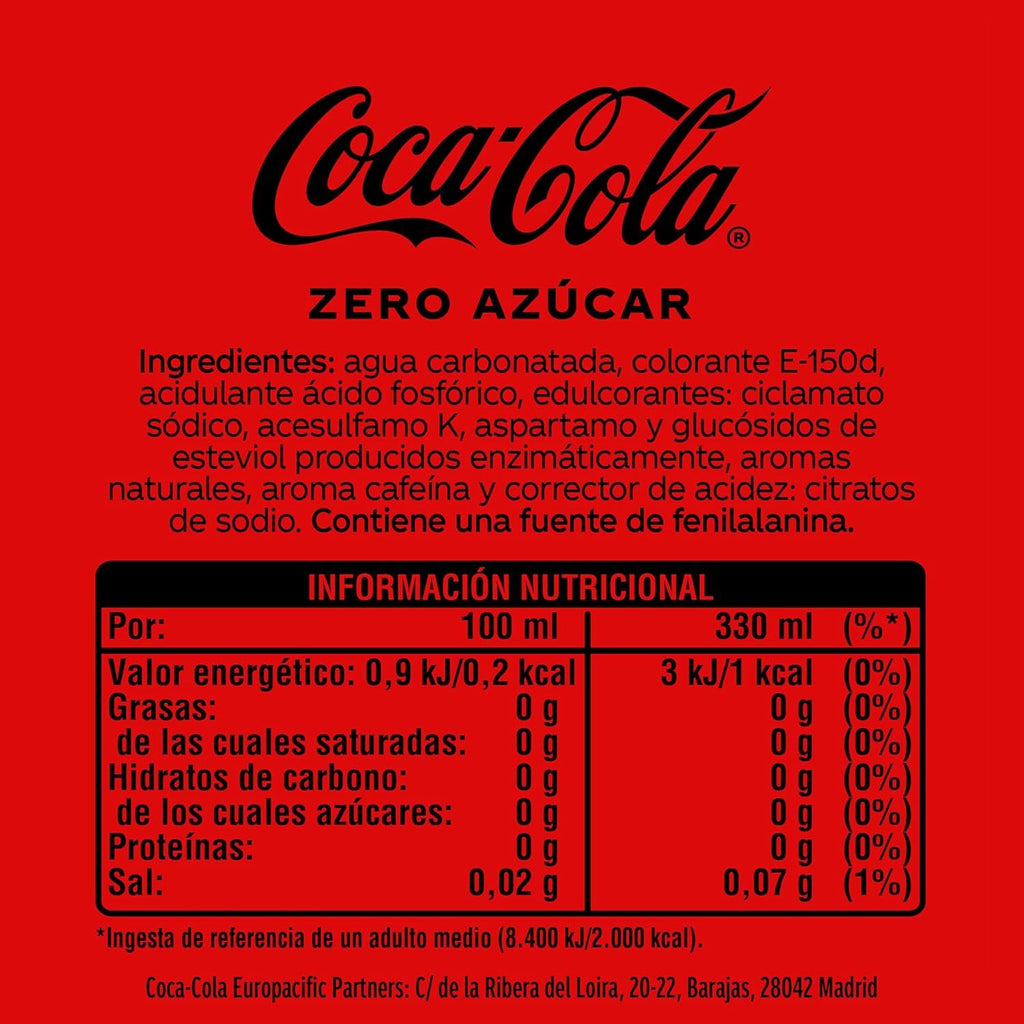 Coca-Cola Zero Azúcar, Refresco de Cola sin Azúcar y sin Calorías, Pack de 24 Latas de 330ml