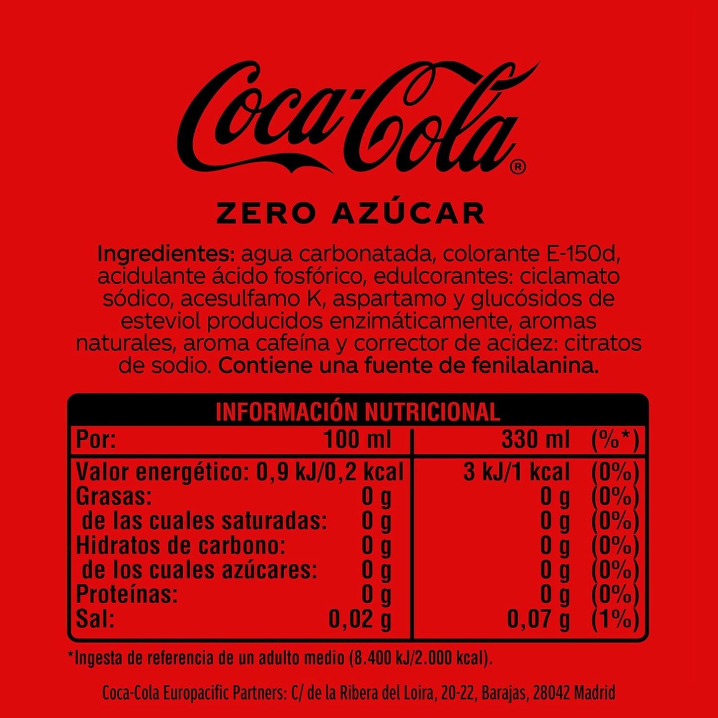 Coca-Cola Zero Azúcar, Refresco de Cola sin Azúcar y sin Calorías, Pack de 24 Latas de 330ml