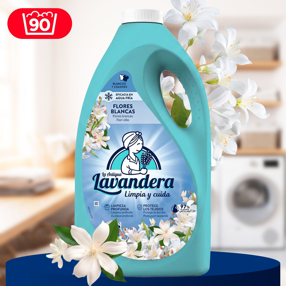 La Antigua Lavandera Detergente Líquido Flores Blancas, para Lavado y Cuidado de la Ropa, Ayuda a Mantener los Colores y la Suavidad con Agradable Aroma Floral, 90 Lavados