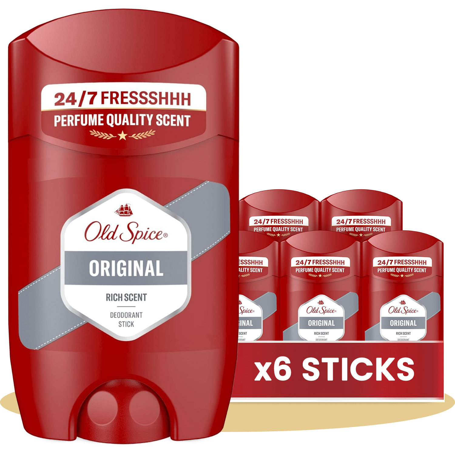 Old Spice Original Pack 6 Desodorante en Barra Para Hombres, Fresco 24 Horas, Ideal para Uso Diario, Perfume Duradero, Sin Aluminio, Fragancia Excepcional a Canela, Vainilla y Cítricos, Protección Contra El Mal Olor, 50ml por Barra