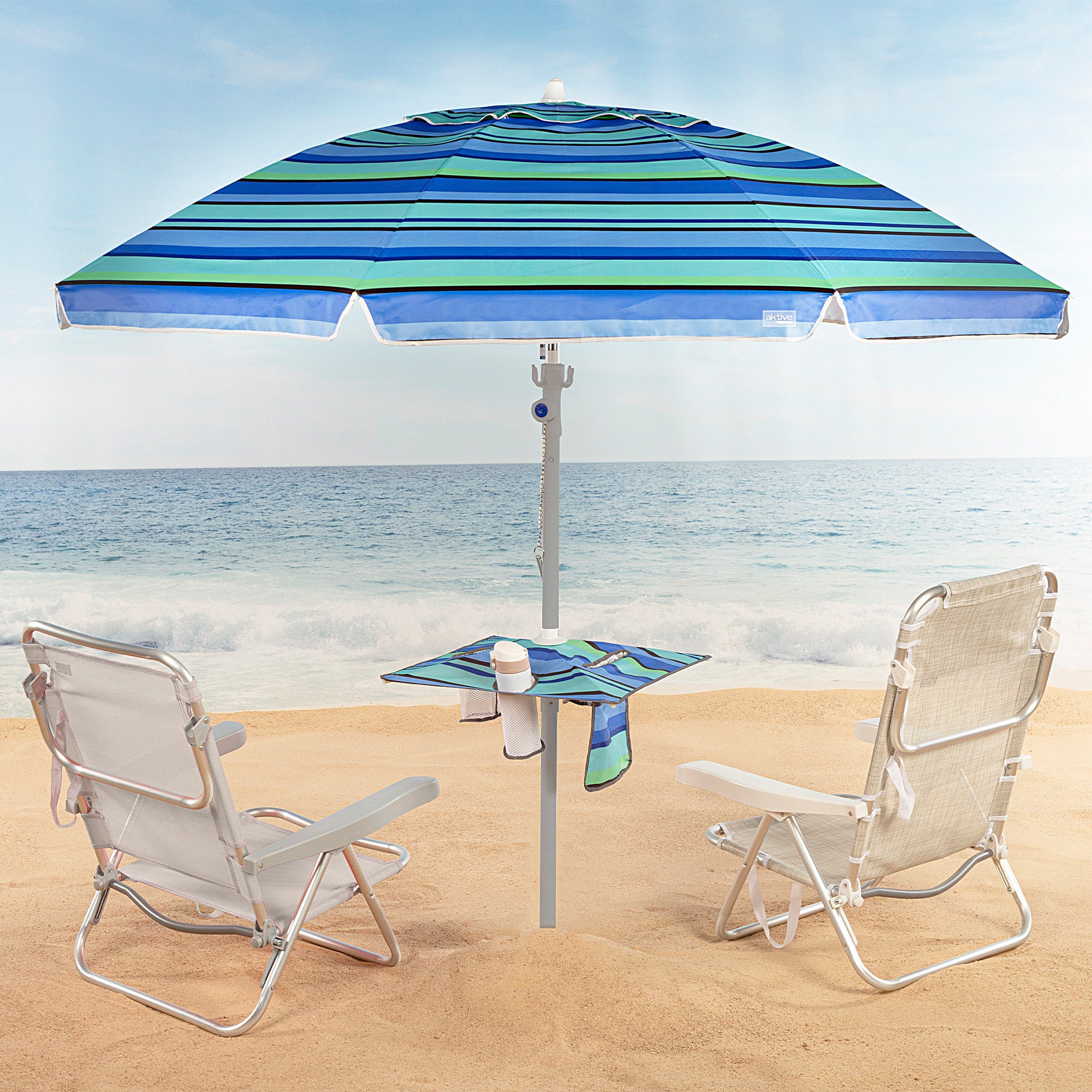 Sombrilla Playa Grande con Para Viento, 210 cm, Inclinable, Incluye Mesa con Reposavasos, Colgador con Ganchos, Protección UV 50, Diseñado para Favorecer la Ventilación, Tela Oxford con Revestimiento, 8 Varillas Resistentes, Ancho Tubo 28/32mm