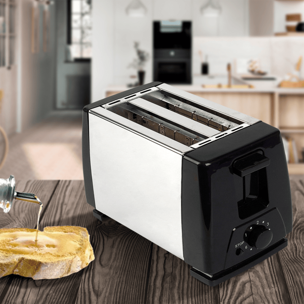 Tostadora de Pan de 2 Rebanadas, 6 Niveles de Tostado, Botón de Parado, Bandeja Recogemigas, Cuerpo de Acero Inoxidable, 800W
