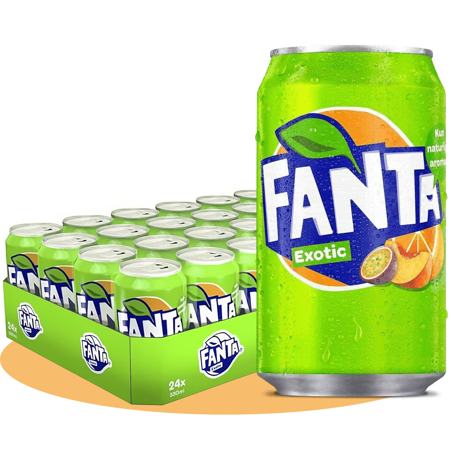 Fanta Exotic, Refresco con Sabor a Naranja, Melocotón y Fruta de la Pasión, Pack Ahorro de 24 Latas de 330ml