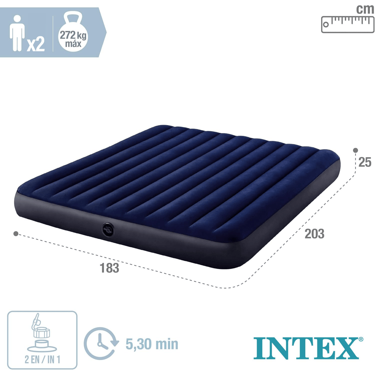 INTEX Colchón Hinchable 2 Personas, Colchón Inflable Doble, Resiste hasta 272kg, Color Azul, Máxima Durabilidad, 183 x 203 x 25 cm