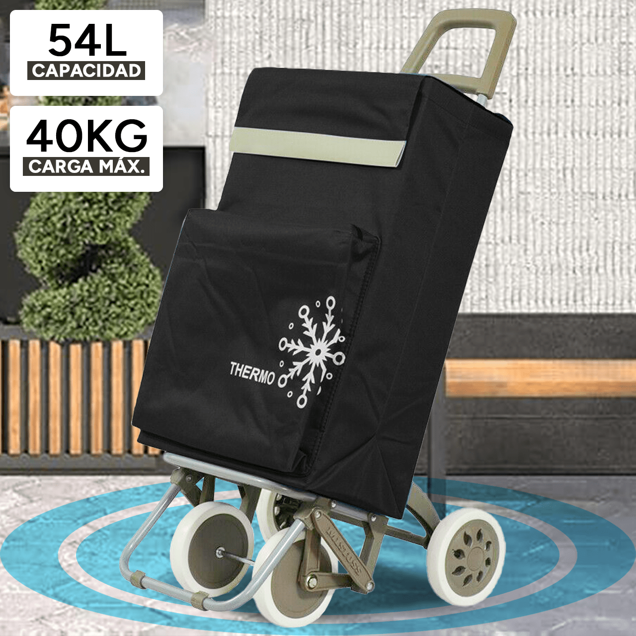 Carro Compra Plegable con Bolsillo Térmico para Congelados, Carro Plegable con Ruedas, Bolsillo Trasero con Cremallera, 2 Compartimentos Extra en Total, Con Capacidad de hasta 54 Litros y 40 Kg de Carga Máxima