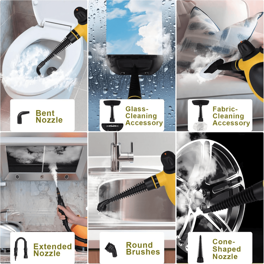 Vaporeta de Limpieza Hogar, Limpieza Vapor, Vaporeta de Mano con 9 Accesorios, Color Surtido Amarillo o Blanco, Limpia a Vapor todo tipo de Superficies, Ideal para el Hogar y el Coche, Capacidad Depósito: 250ml, Presión del vapor: 2,6 – 3,2 var