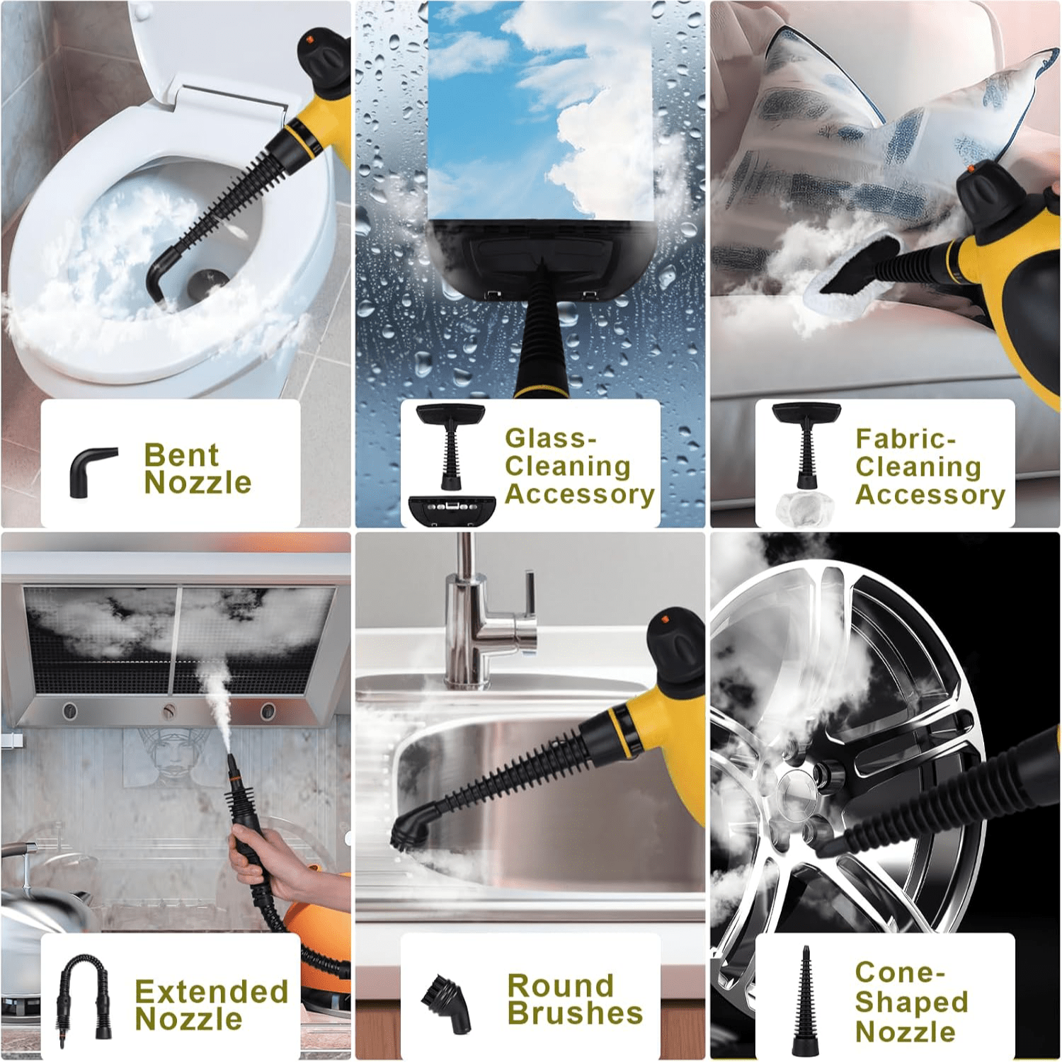 Vaporeta de Limpieza Hogar, Limpieza Vapor, Vaporeta de Mano con 9 Accesorios, Color Surtido Amarillo o Blanco, Limpia a Vapor todo tipo de Superficies, Ideal para el Hogar y el Coche, Capacidad Depósito: 250ml, Presión del vapor: 2,6 – 3,2 var