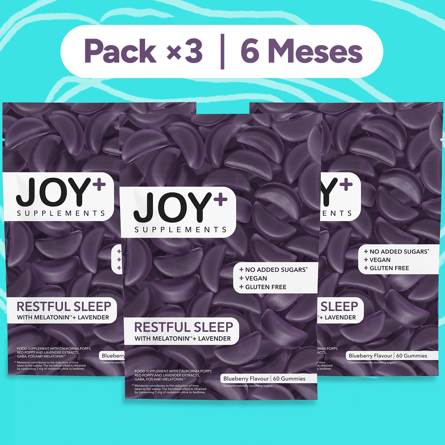Pack x3 Gominolas para Dormir con Melatonina, Lavanda, Amapola California, Amapola Roja y GABA, Sabor Arándanos, 3 x 60 Gummies, 180 Gummies - Joy+ Supplements