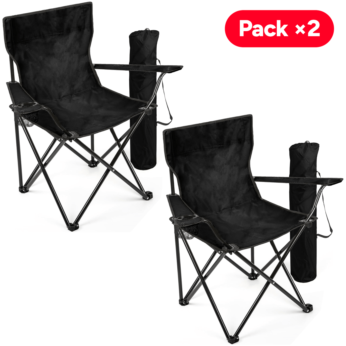 Pack x2 Sillas Plegables Camping con Respaldo y Apoyabrazos para Exterior, Acampada, Pescar y Picnic de 50 x 50 x 80 cm, Resistente y Compacta, Soporta hasta 120kg, Negro