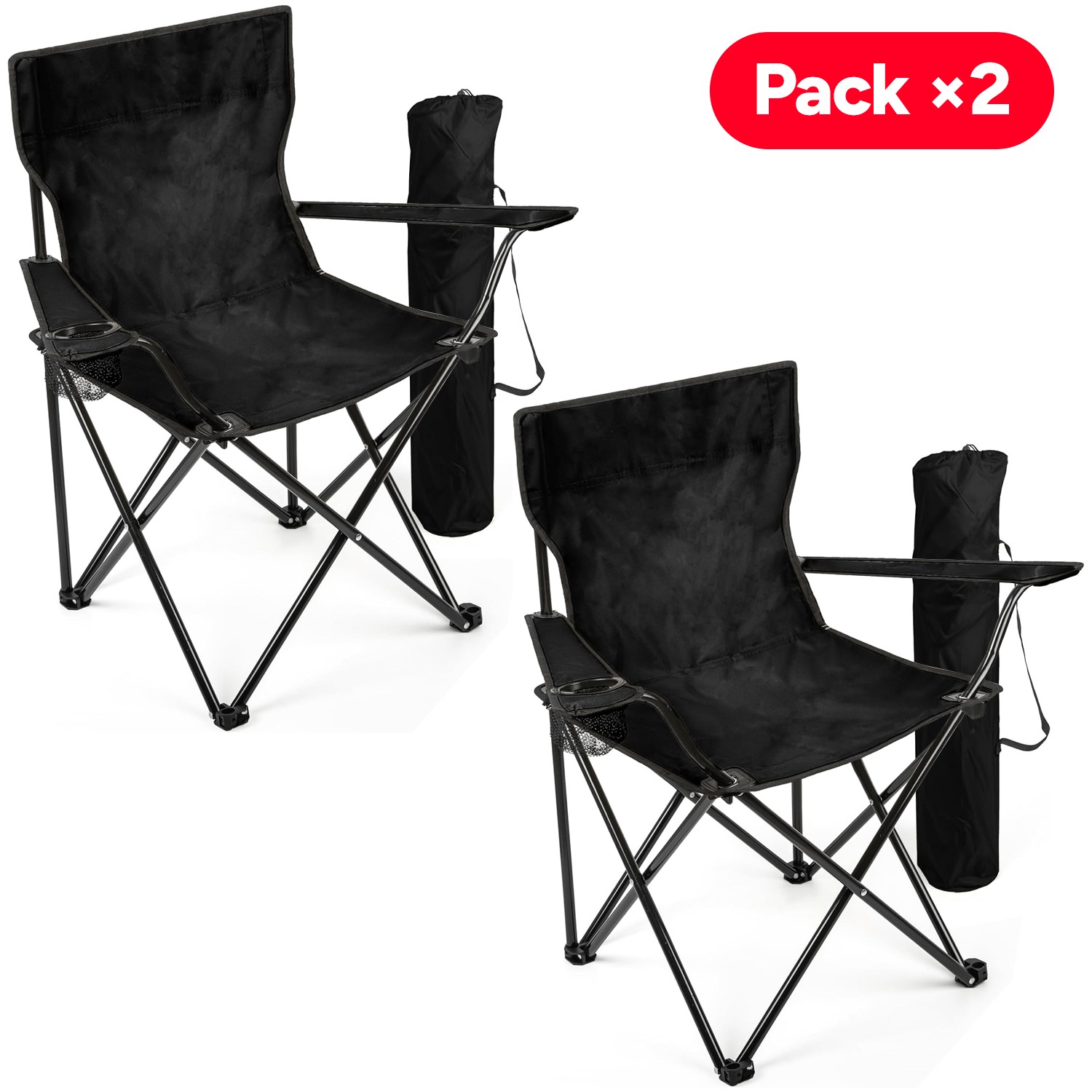 Pack x2 Sillas Plegables Camping con Respaldo y Apoyabrazos para Exterior, Acampada, Pescar y Picnic de 50 x 50 x 80 cm, Resistente y Compacta, Soporta hasta 120kg, Negro