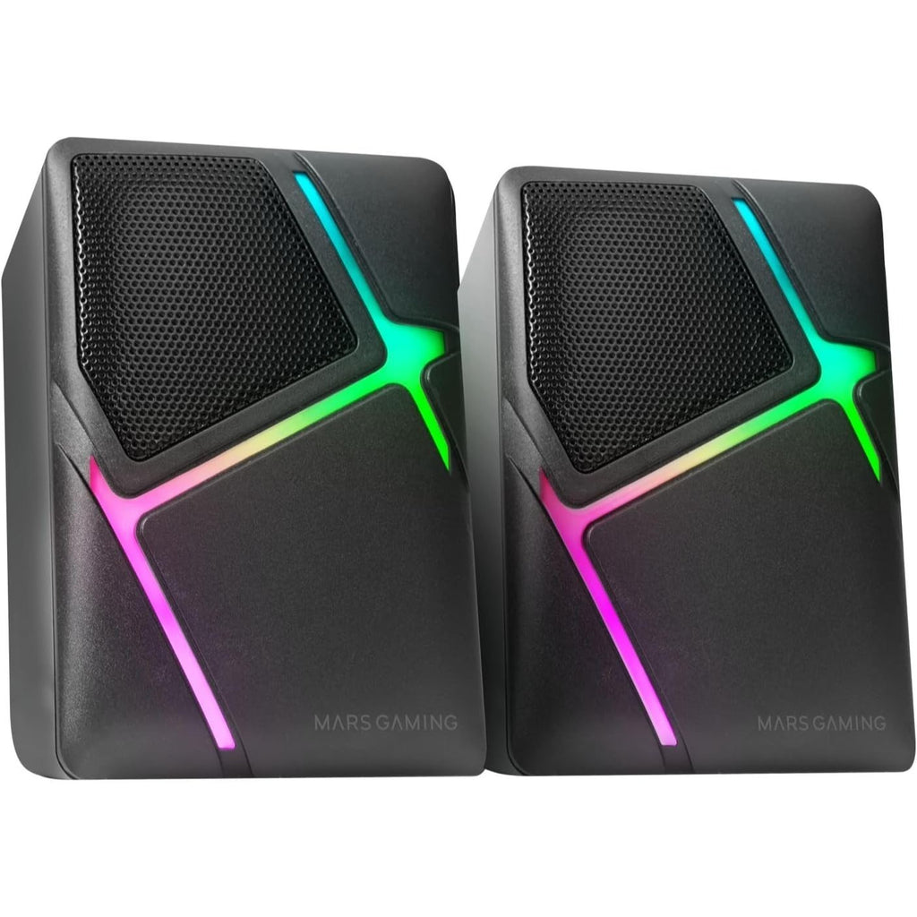 Mars Gaming MS-H, Altavoces Gaming RGB Flow, Drivers Invertidos y Sonido 3D-Surround 10W, Altavoces Compactos con Caja de Control de Volumen, Conexión Universal Jack 3.5mm, Negro