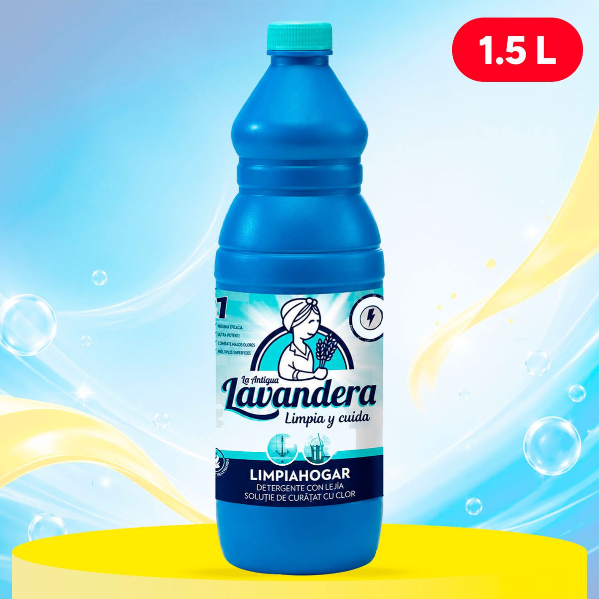 La Antigua Lavandera Lejía con Detergente, Limpiador para Suelos y Superficies del Hogar, Limpieza Potente y Multiusos, 1.5 L