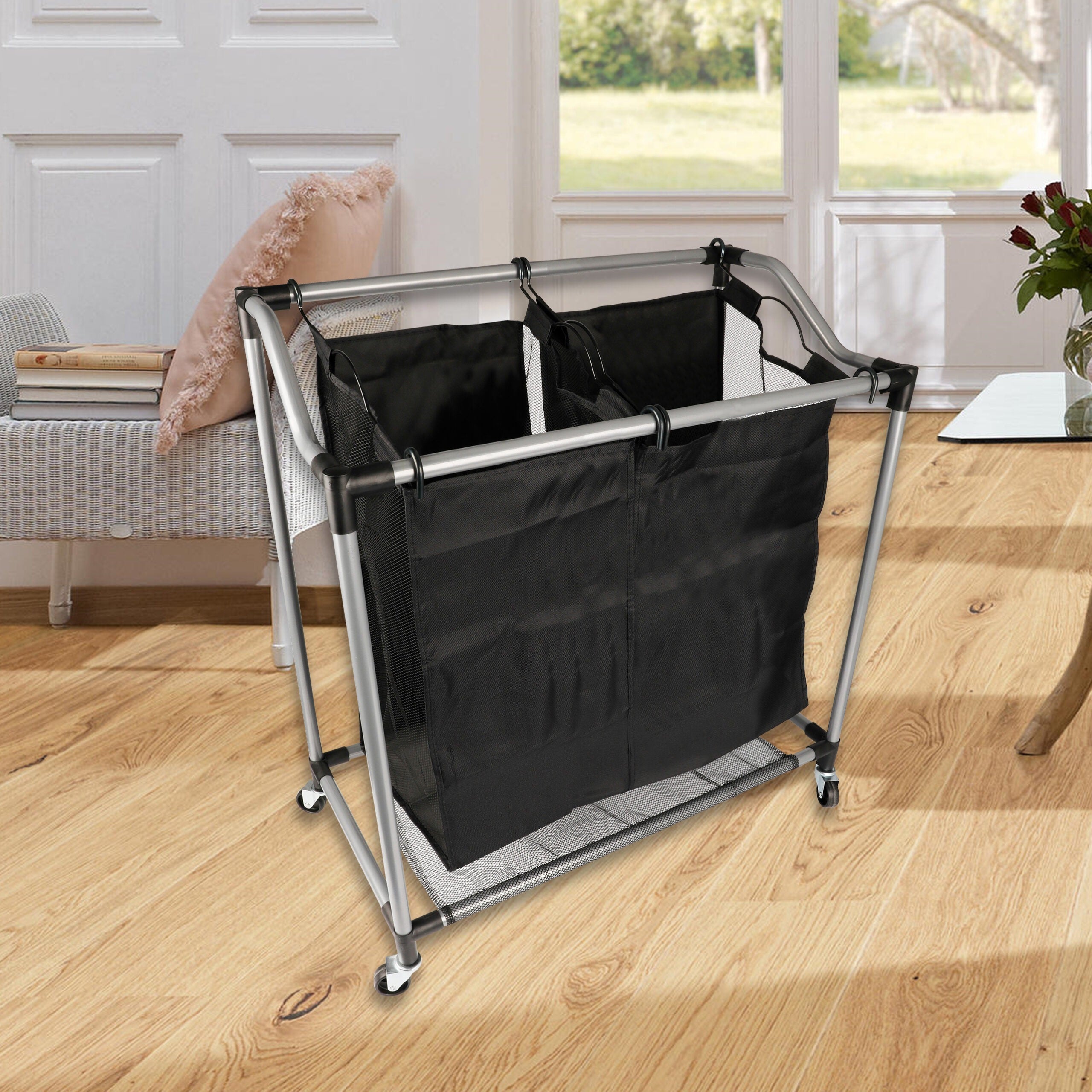 Carrito Lavandería con Robusta Estructura de Acero y 2 Bolsas de Tejido de Malla Transpirable Extraíbles, Ruedas para Fácil Transporte, Medidas de16,5 X 10,3 X 73,6 cm