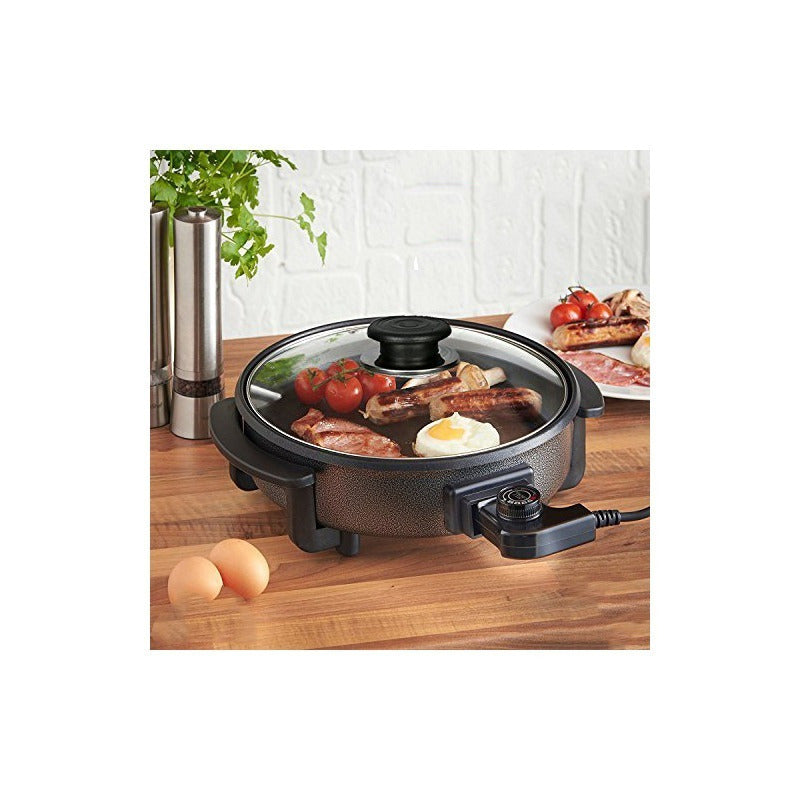 Paellera Eléctrica, Plato de Pizza, Sartén Eléctrica con Tapa de Cristal Templado y Revestimiento Antiadherente, Potencia 1500W, Control de Termostato Ajustable, Asas para Facilitar el Transporte, Fácil de Limpiar