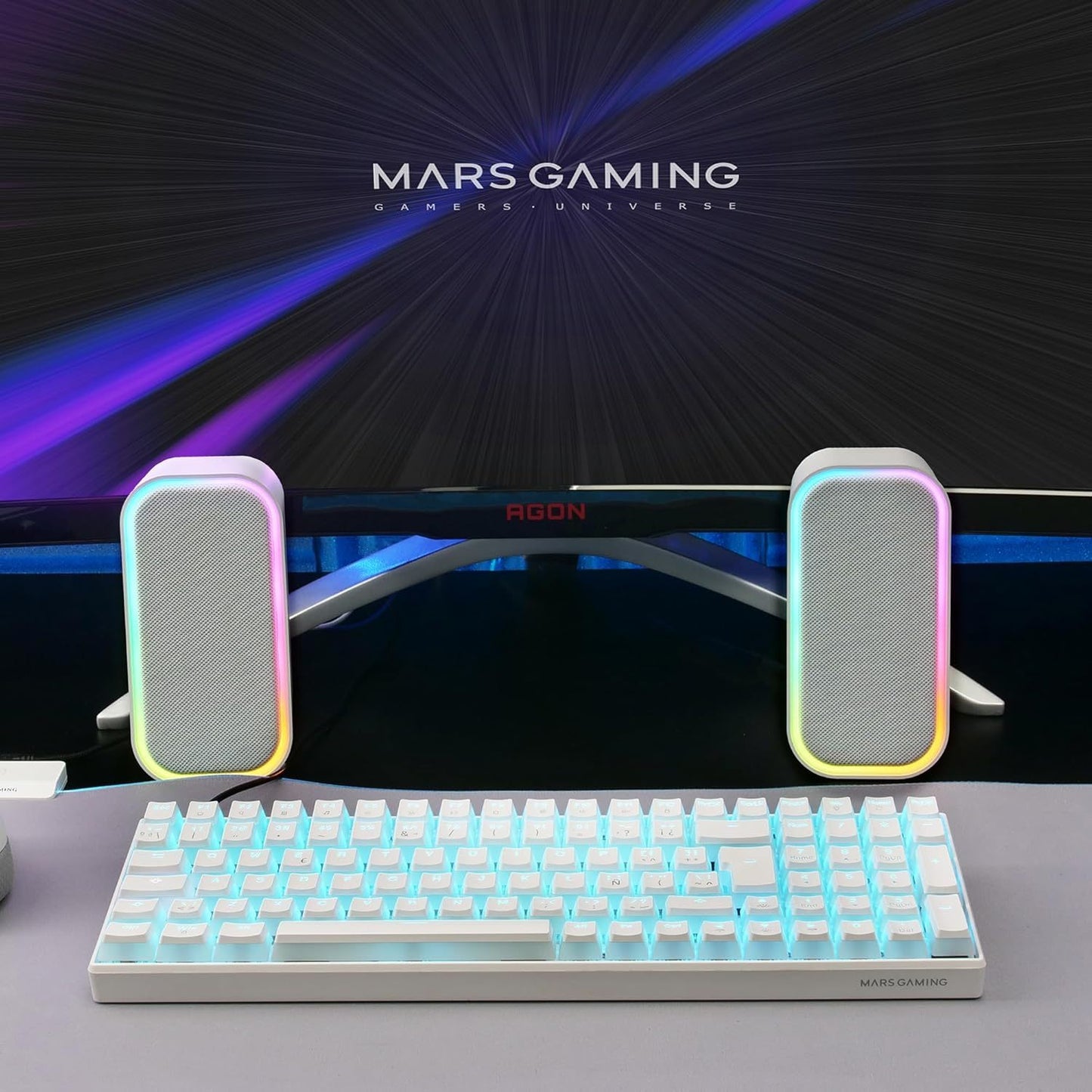 Mars Gaming MS-OM, Altavoces Gaming 20W, Iluminación Dinámica RGB, Altavoces Bluetooth 5.3 + AUX-IN, Caja de Control de Volumen, Chipset DSP Personalizado, Compatibilidad Universal, Blanco