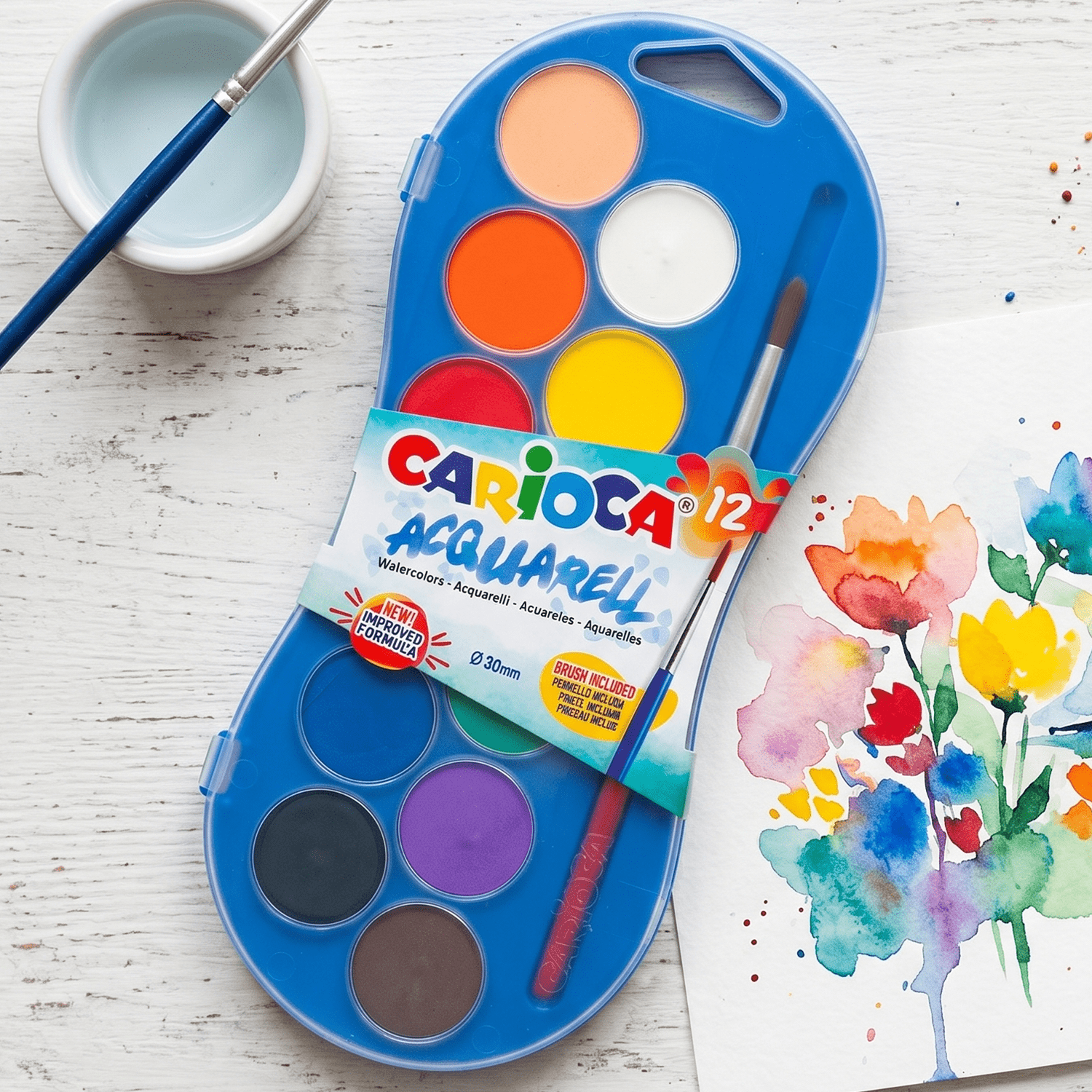 CARIOCA Acuarelas para Pintar, 12 Colores, Pincel Incluido, Pigmentos de Máxima Calidad