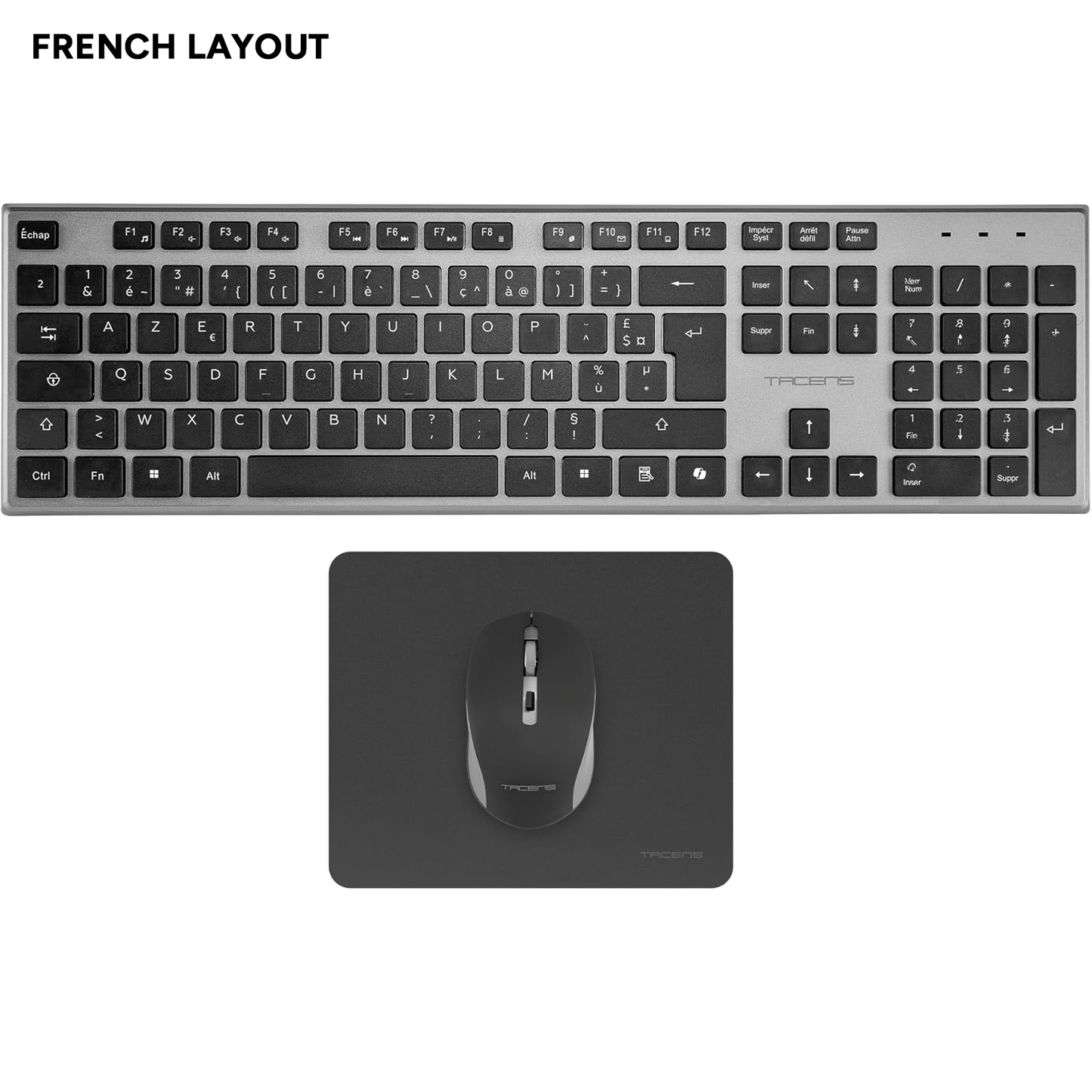 Tacens Zenith, Combo Inalámbrico 3en1 con Tecnología DualLink 2.4 GHz, Teclado Completo Full-Size con SmartKey Copilot AI, Ratón Óptico 3200 dpi, Alfombrilla Nanotextil, Idioma Francés, Negro