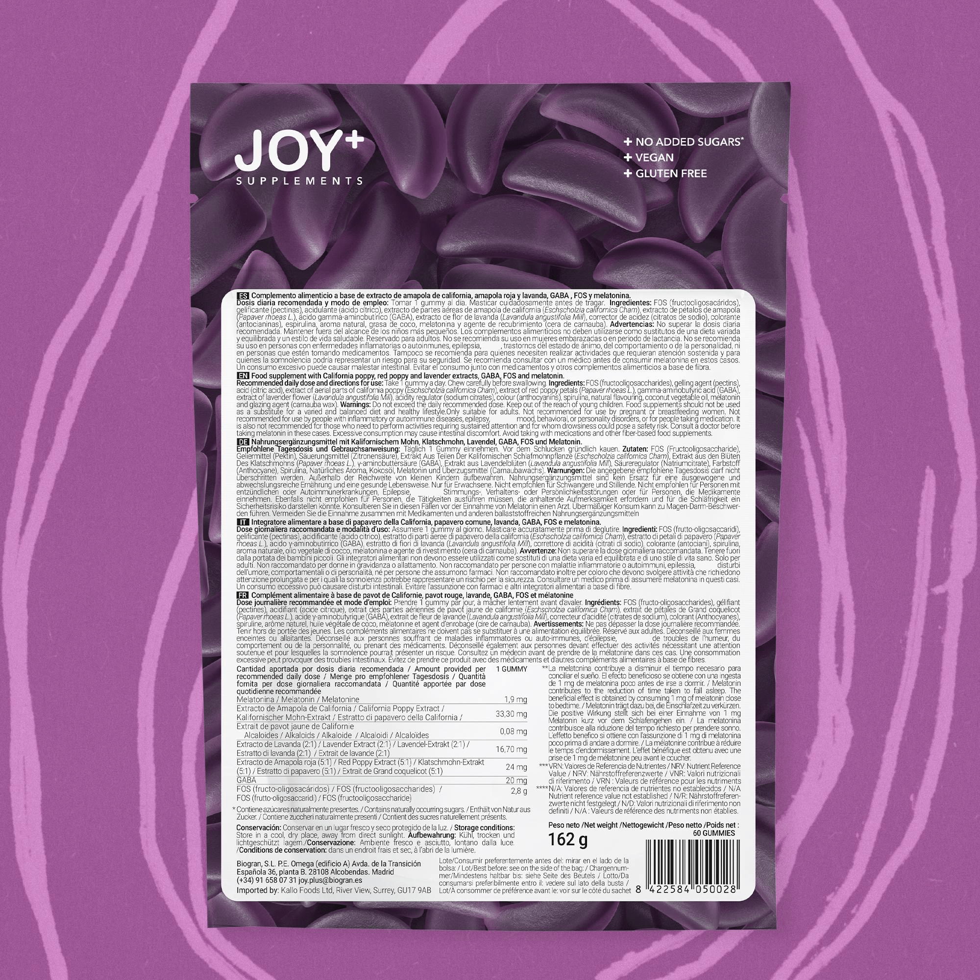 Pack x2 Gominolas para Dormir con Melatonina, Lavanda, Amapola California, Amapola Roja y GABA, Sabor Arándanos, 2 x 60 Gummies, 120 Gummies - Joy+ Supplements