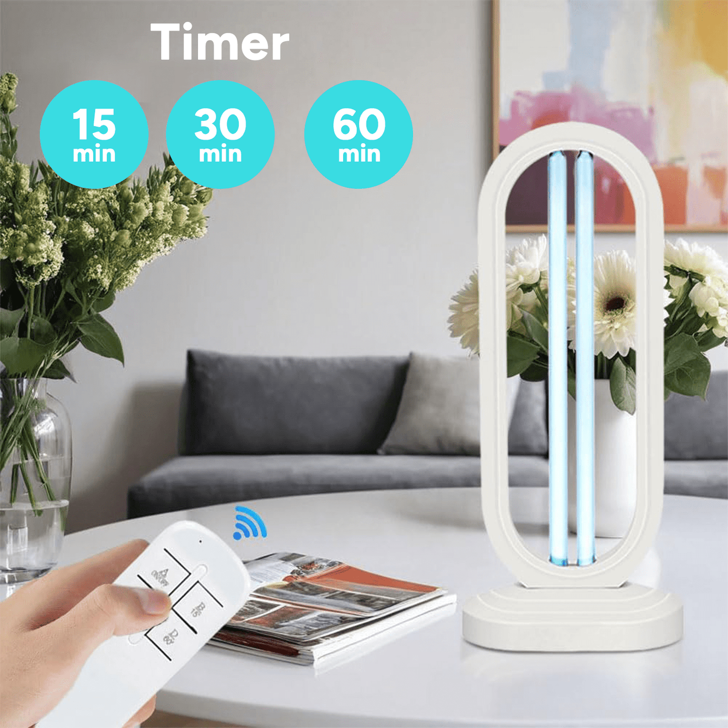 Purificador de Aire con Luz UV y Mando a Distancia, Desinfecta el 99,99% de Bacterias y Gérmenes, Esterilización con Ozono, Hasta 8000 Horas de Uso, Tubo de Vidrio de Cuarzo de Máxima Calidad, Tiempo de Carga de 1h, Válido para 30-40 m2