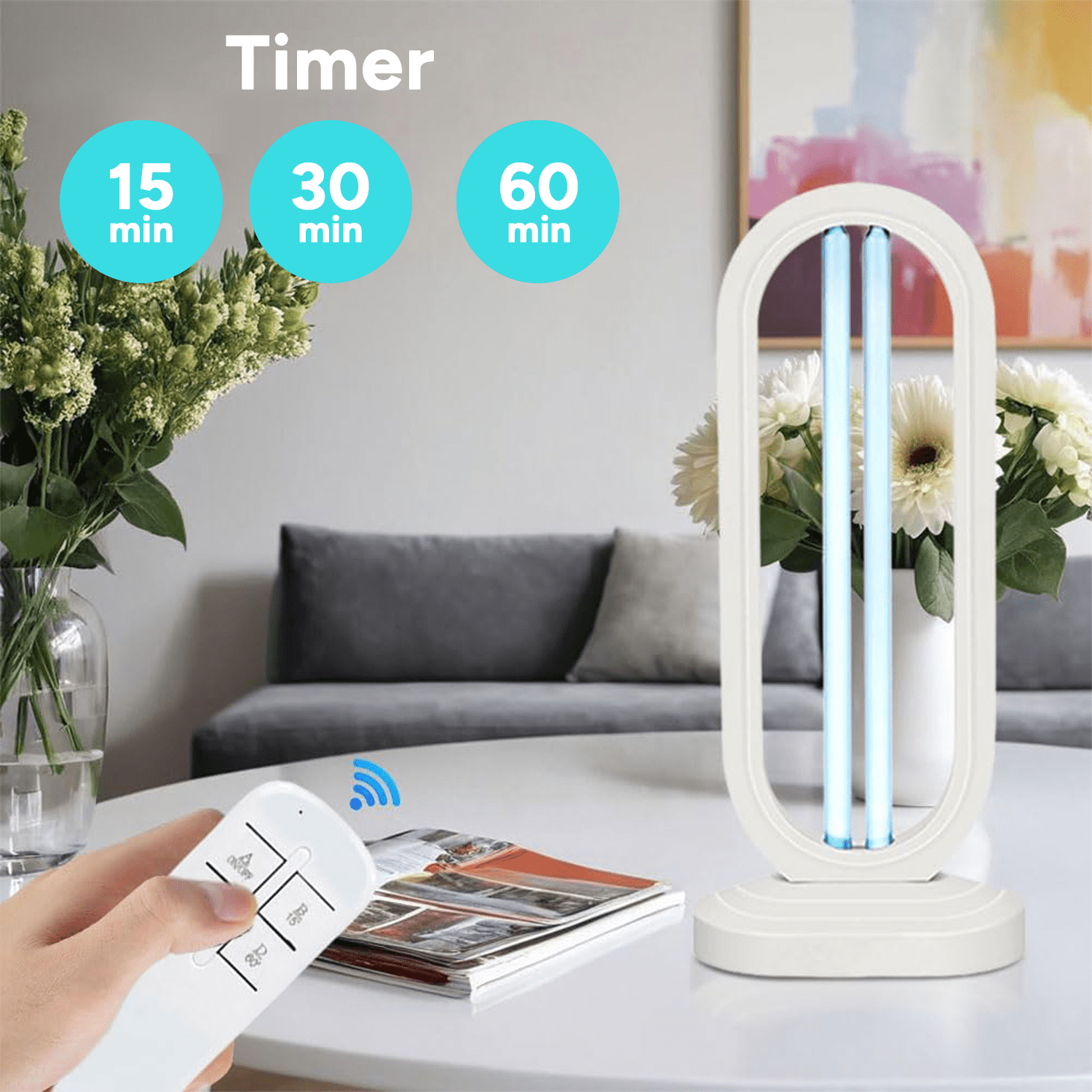 Purificador de Aire con Luz UV y Mando a Distancia, Desinfecta el 99,99% de Bacterias y Gérmenes, Esterilización con Ozono, Hasta 8000 Horas de Uso, Tubo de Vidrio de Cuarzo de Máxima Calidad, Tiempo de Carga de 1h, Válido para 30-40 m2