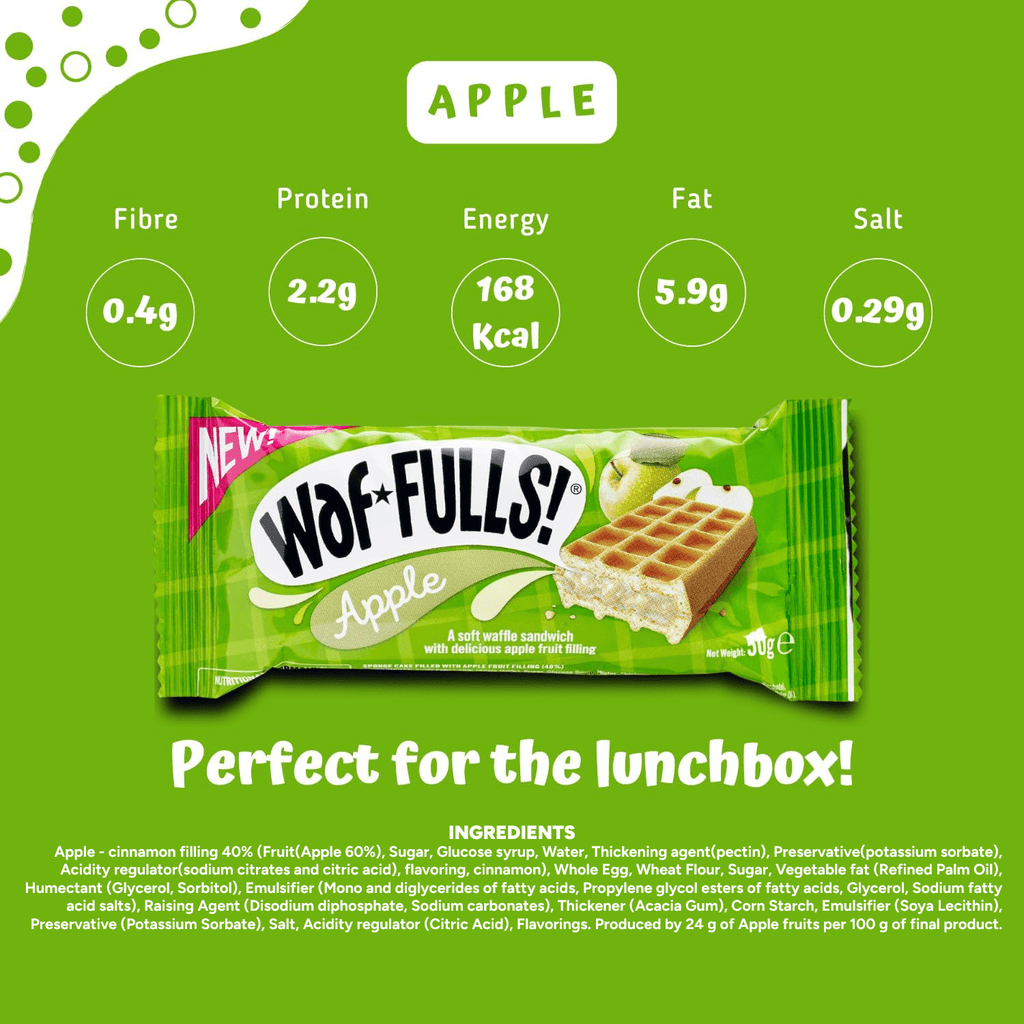 WafFULLS! Gofres de Manzana, 12 Gofres para Picoteo, Desayuno y Merienda, Barritas Esponjosas Rellenas de Crema de Manzana, Gofres Envueltos Individualmente Listo para Comer, Caja con 12 Gofres
