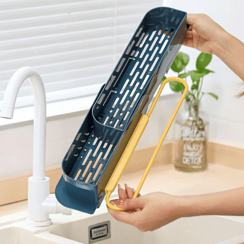 Organizador Fregadero Cocina Extensible, Adaptable a cualquier Fregadero y a todo tipo de Superficies, Incluye Ventosas para Mayor Sujeción, 2 Compartimentos Espaciosos y Colgador de Paños, 36 x 8 x 6 cm