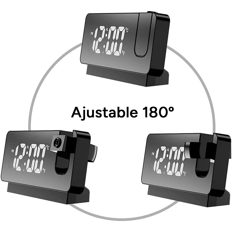 Reloj Despertador Digital con Proyector Ajustable de 180º y 5 metros de Distancia, Funcionamiento Silencioso, Brillo Ajustable, Indicador de Temperatura, Puede Funcionar como Espejo