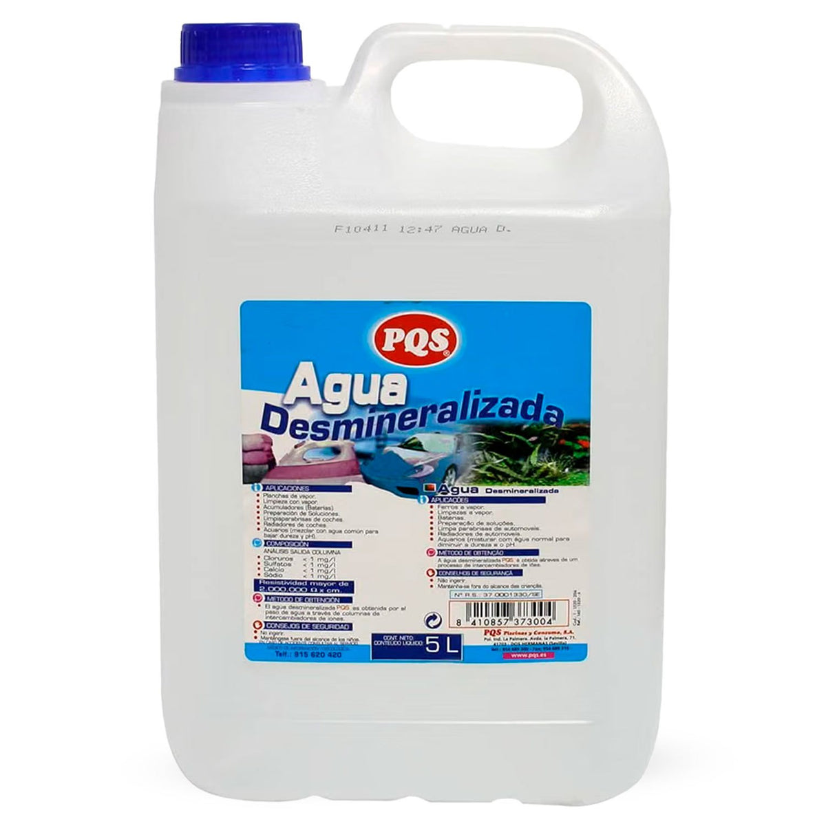 PQS Agua Desmineralizada, para Planchas de Vapor, Limpieza, Baterías, Limpiaparabrisas y Radiadores, Alta Pureza y Baja Conductividad, 5 L